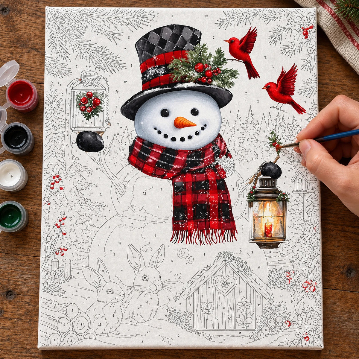 Complete Snowfall Woodland Welcome Snowman numbered canvas being painted with acrylic paints and brushes