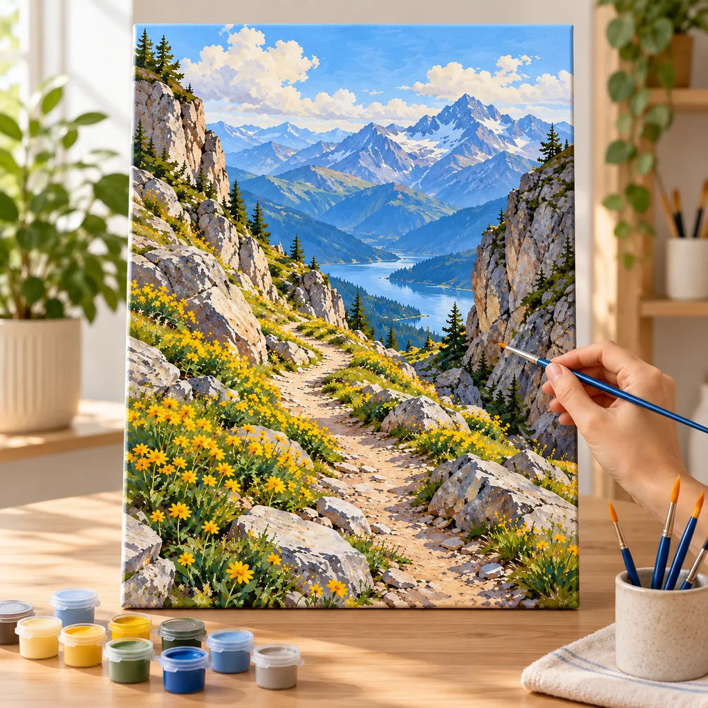 Complete Snowless Mountain Pass Wildflowers numbered canvas being painted with acrylic paints and brushes