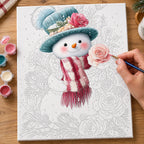 Complete Snowman Among Winter Roses numbered canvas being painted with acrylic paints and brushes