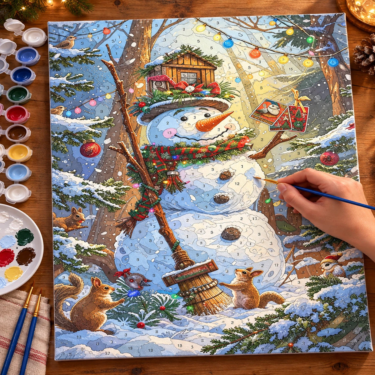 Complete Snowman’s Festive Forest numbered canvas being painted with acrylic paints and brushes