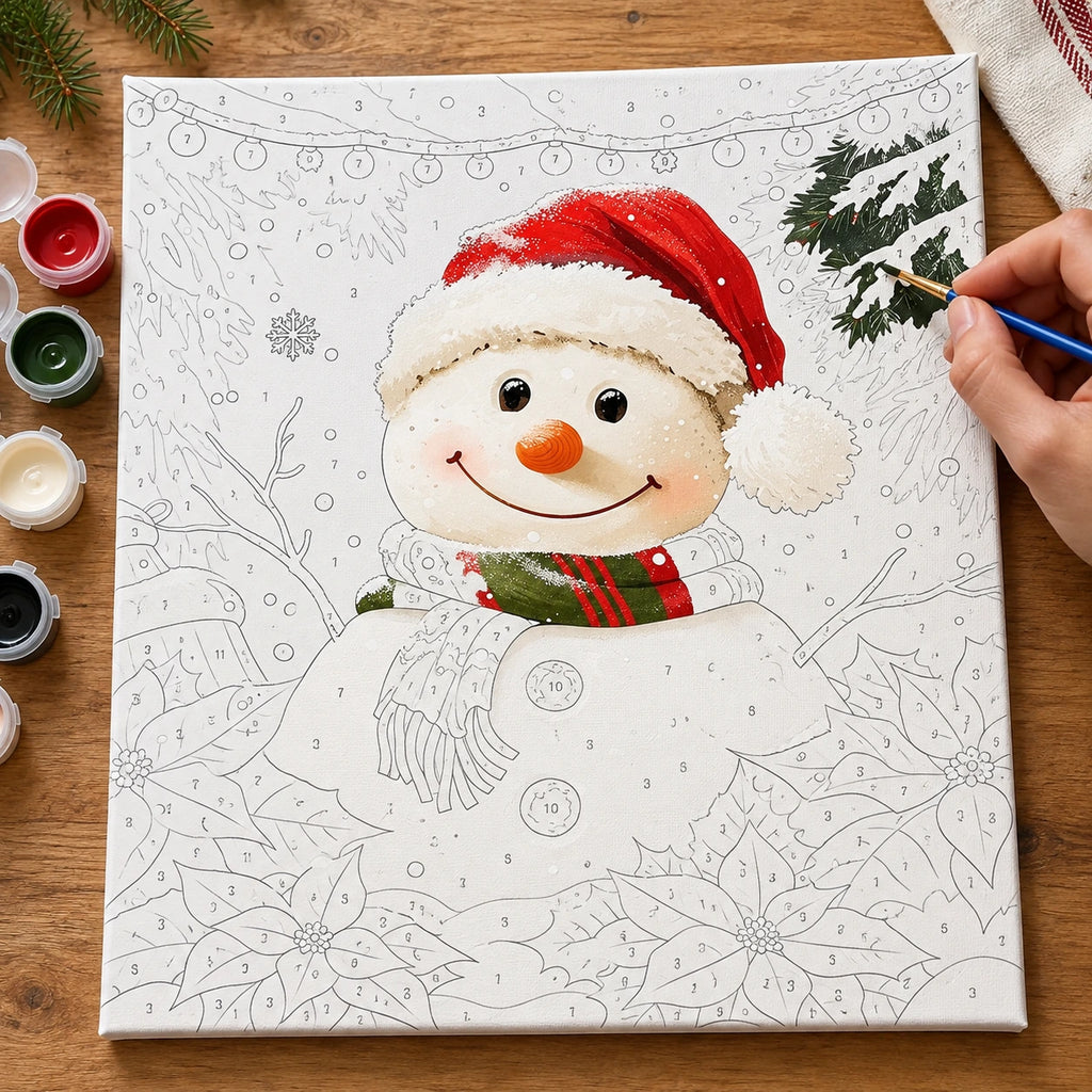 Complete Snowman Poinsettia Celebration numbered canvas being painted with acrylic paints and brushes