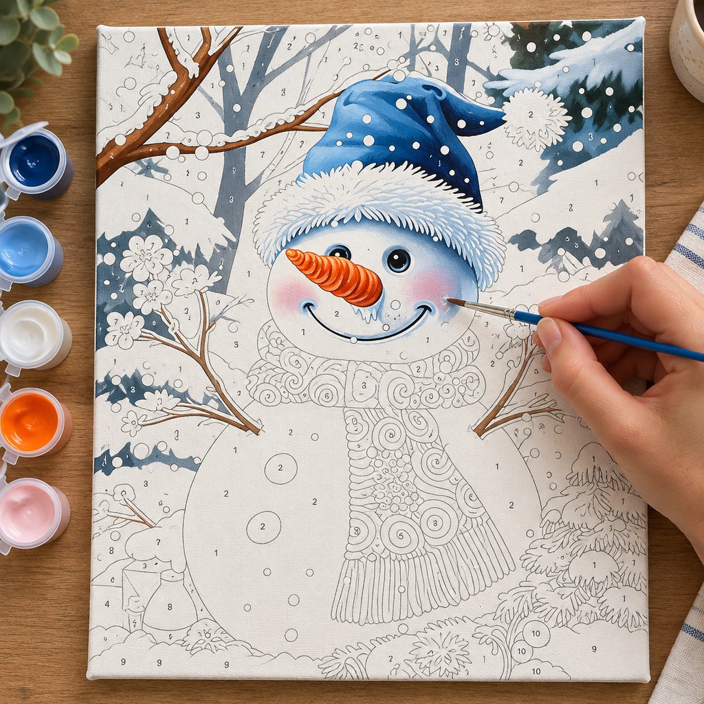 Complete Snowman Winter Garden numbered canvas being painted with acrylic paints and brushes