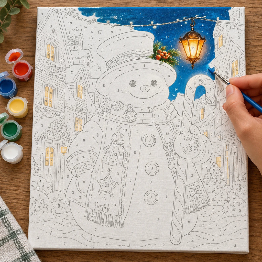 Complete Snowman’s Lanternlit Welcome numbered canvas being painted with acrylic paints and brushes