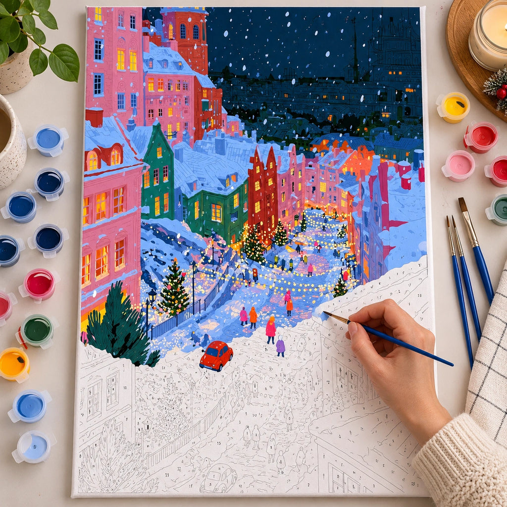 Complete Snowy Alpine Village Christmas Street with Red Car numbered canvas being painted with acrylic paints and brushes