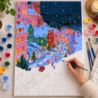 Complete Snowy Alpine Village Christmas Street with Red Car numbered canvas being painted with acrylic paints and brushes