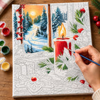 Complete Snowy Candlelit Christmas Window numbered canvas being painted with acrylic paints and brushes
