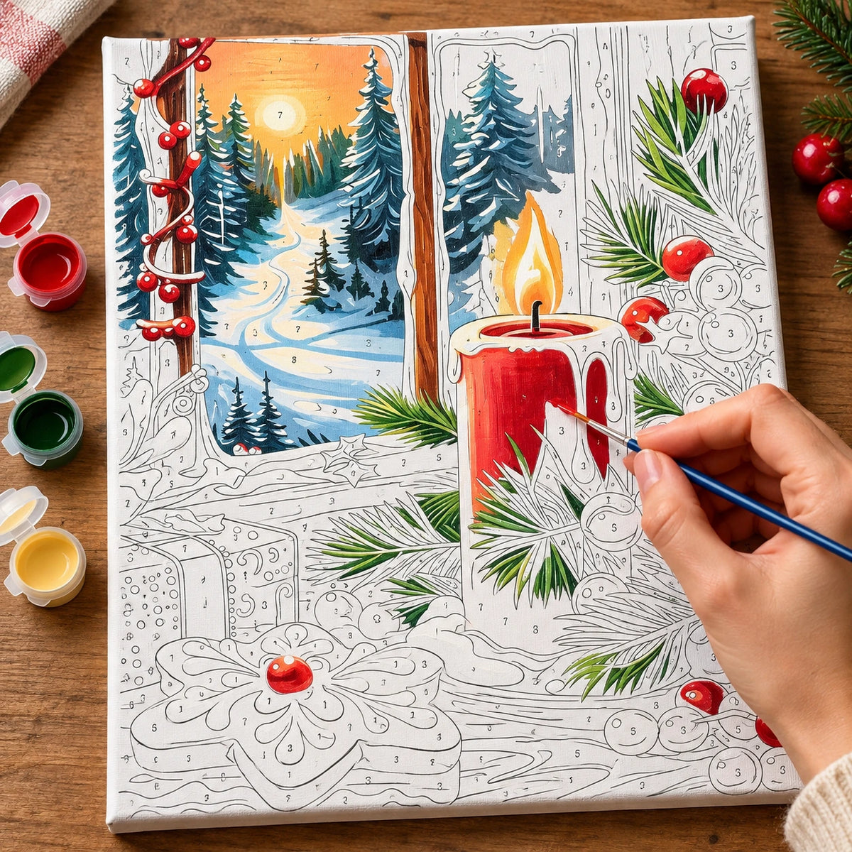 Complete Snowy Candlelit Christmas Window numbered canvas being painted with acrylic paints and brushes