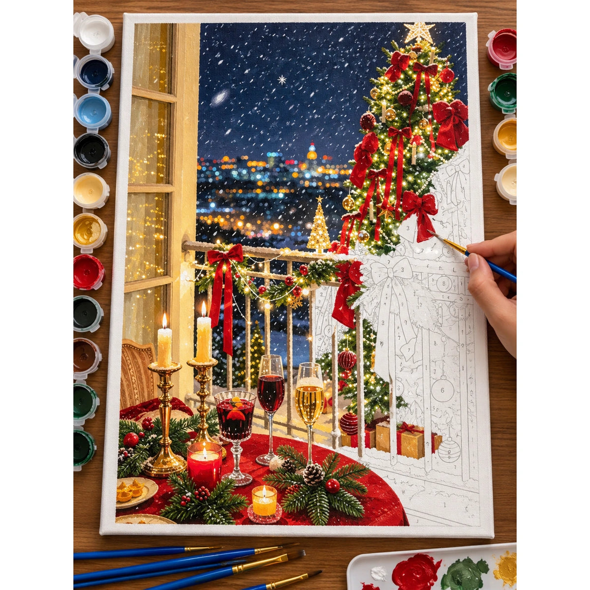 Complete Snowy Christmas Balcony with Red Bow Tree numbered canvas being painted with acrylic paints and brushes