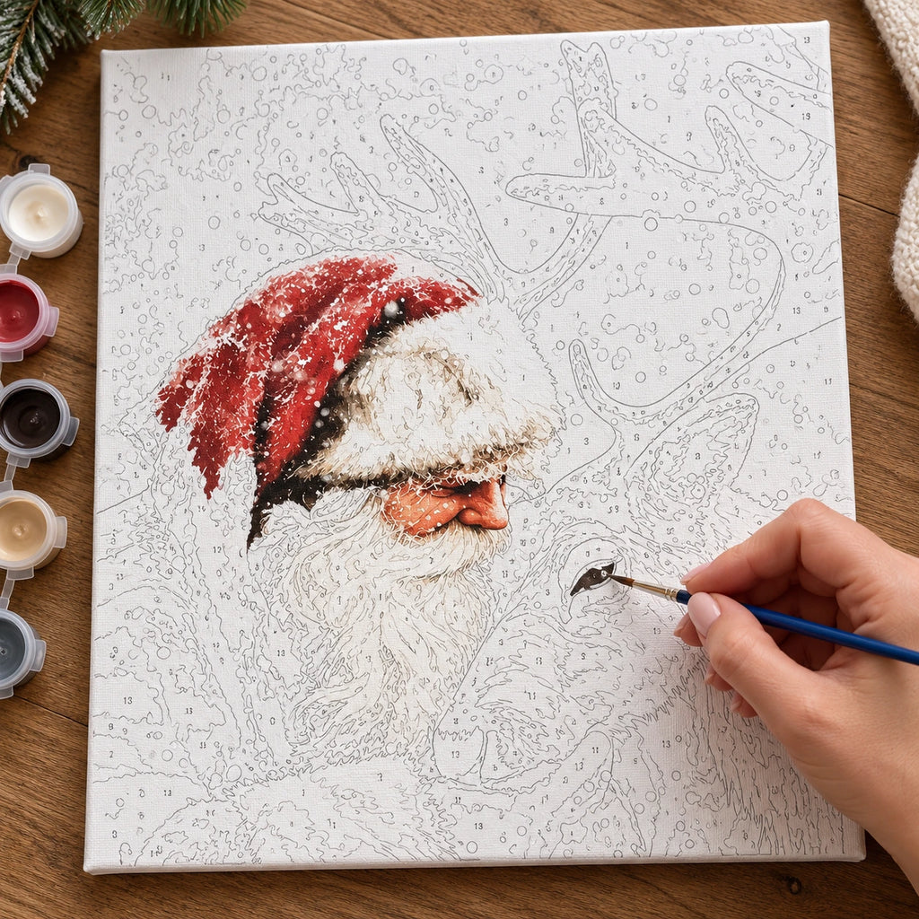 Complete Snowy Christmas Companions Santa and Reindeer numbered canvas being painted with acrylic paints and brushes
