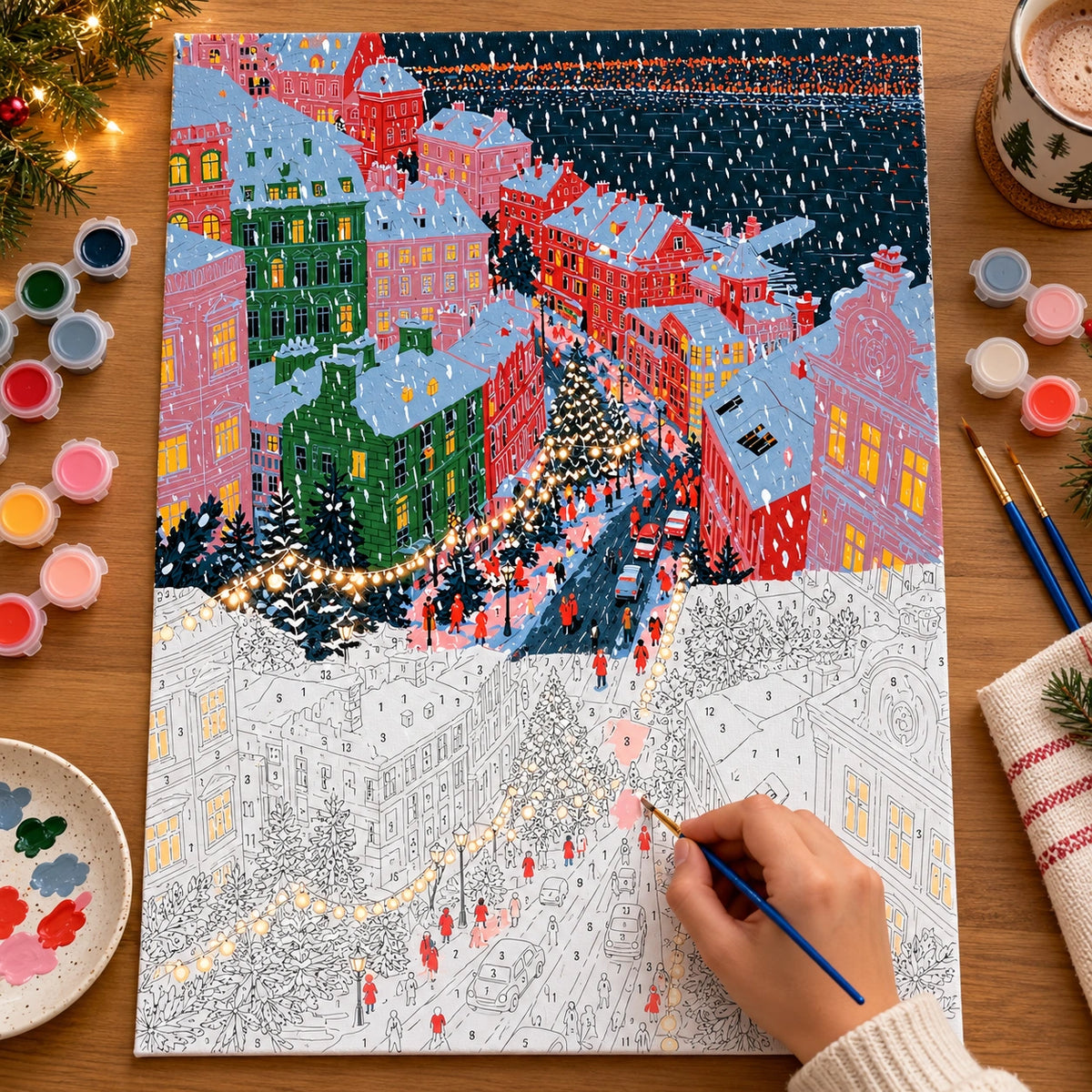 Complete Snowy Christmas Town Square with String Lights numbered canvas being painted with acrylic paints and brushes