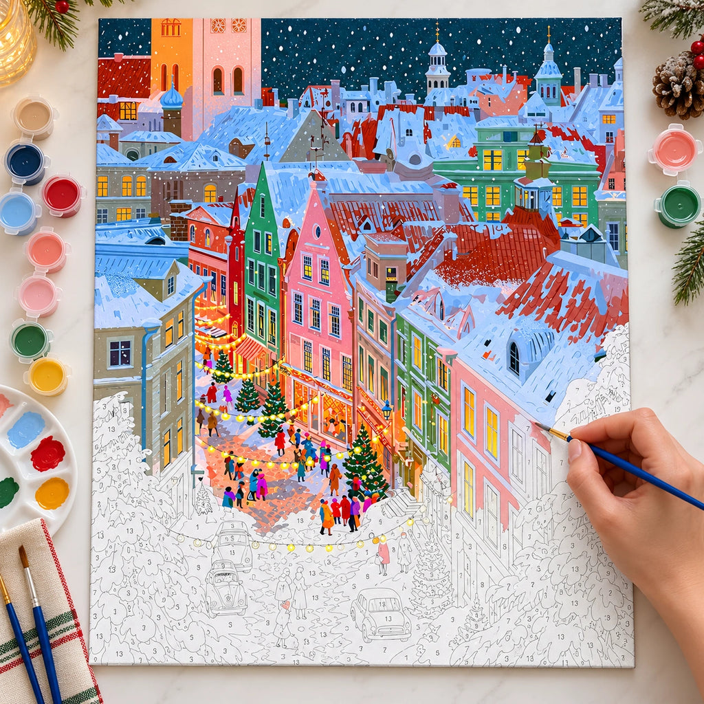 Complete Snowy Colorful Christmas Market Town with Clock Tower numbered canvas being painted with acrylic paints and brushes.
