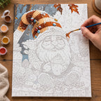 Complete Snowy Gnome Coffee Break numbered canvas being painted with acrylic paints and brushes