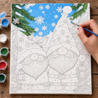 Complete Snowy Gnome Companions numbered canvas being painted with acrylic paints and brushes