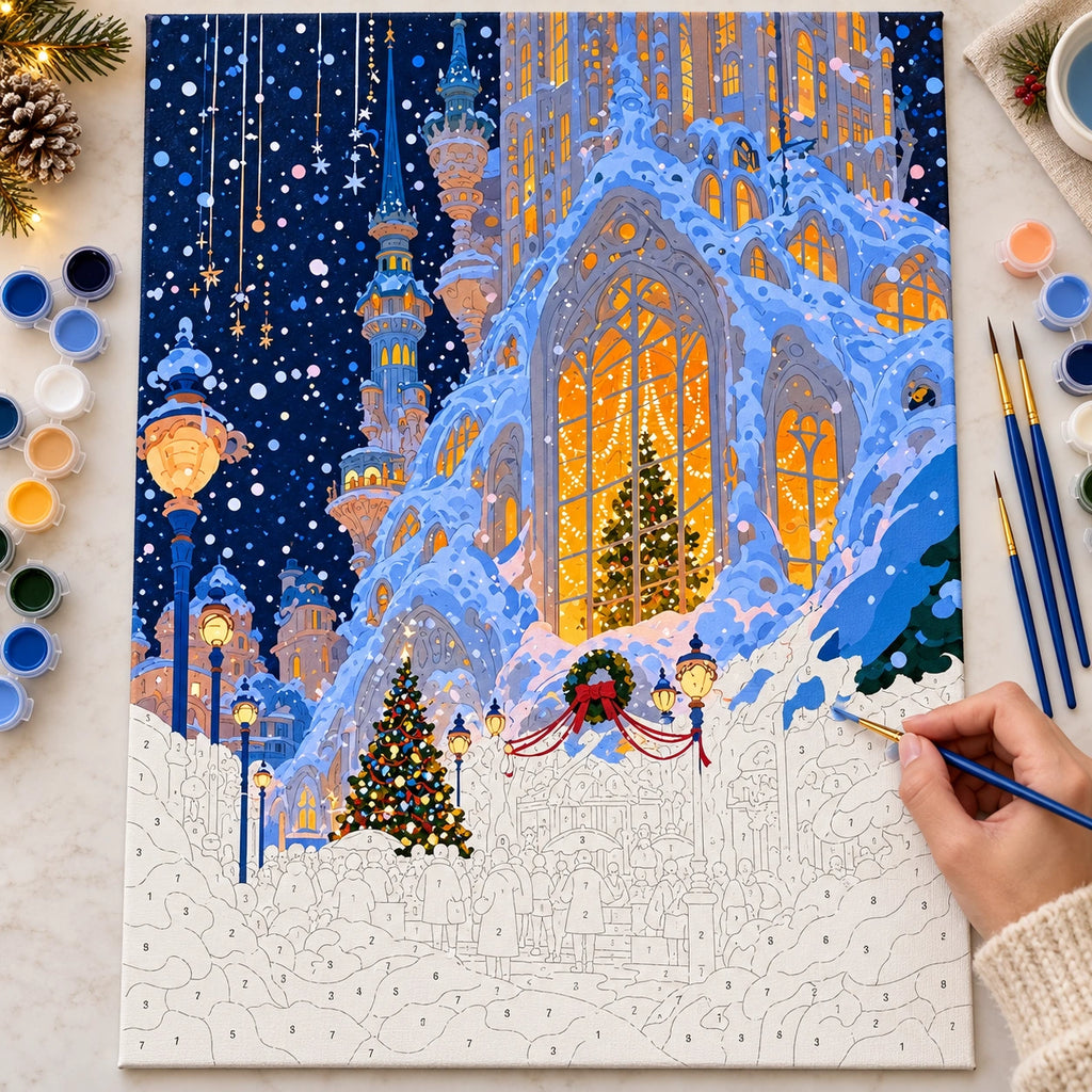 Complete Snowy Gothic Church with Stained Glass at Christmas numbered canvas being painted with acrylic paints and brushes