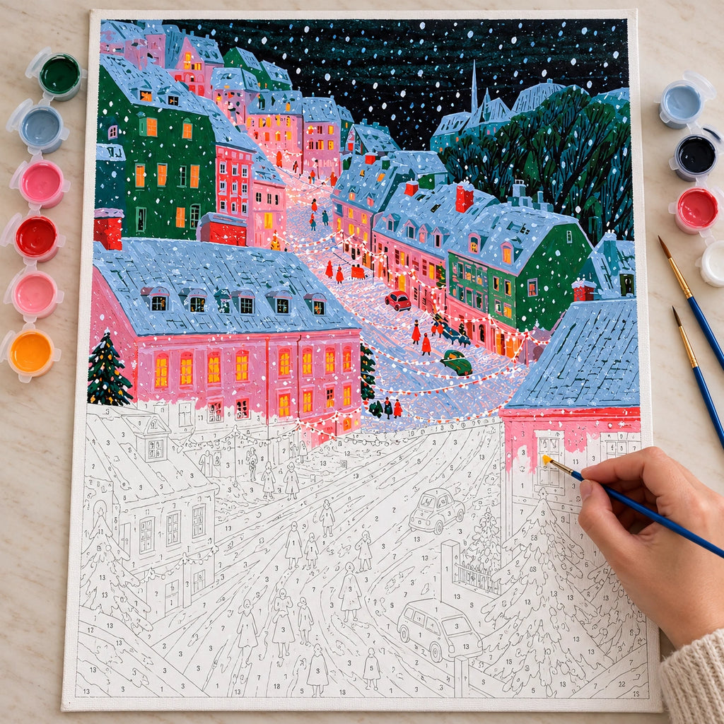 Complete Snowy Pink and Green European Christmas Street numbered canvas being painted with acrylic paints and brushes