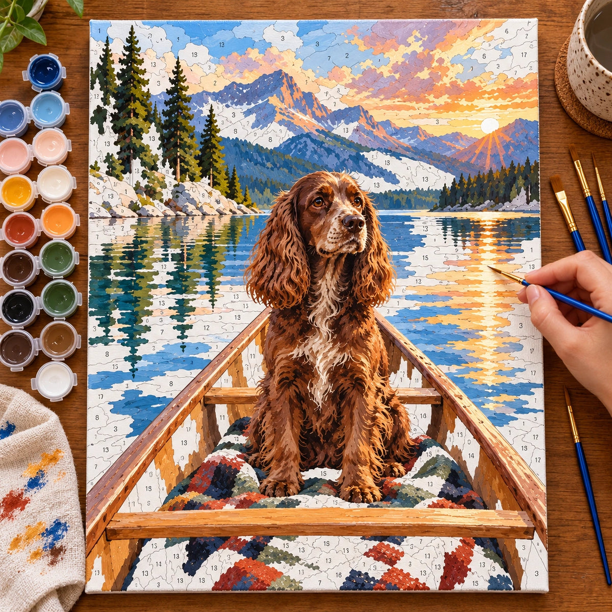 Painting process for Spaniel in a Canoe paint by numbers kit
