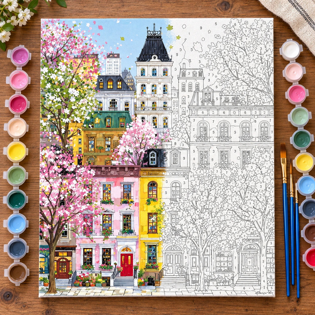 Spring Blossom European Street numbered canvas being painted with acrylic paints and brushes