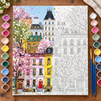 Spring Blossom European Street numbered canvas being painted with acrylic paints and brushes