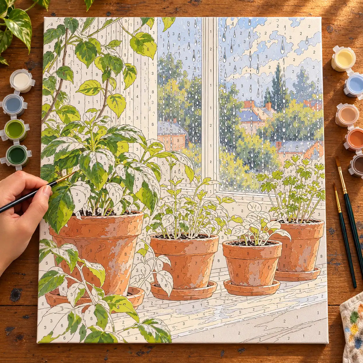 Complete Spring Seedlings Rainy Day Paint by Numbers Kit numbered canvas being painted with acrylic paints and brushes.