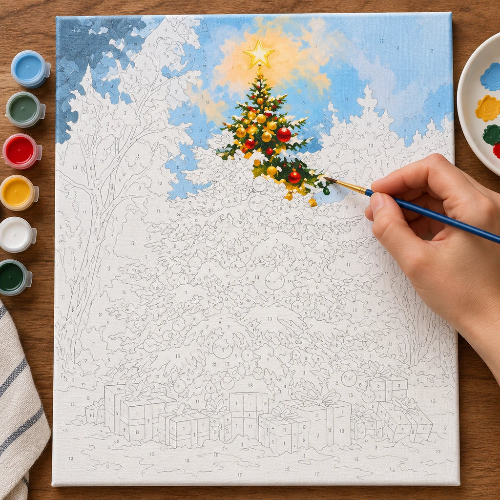 Complete Star Above the Snowy Tree numbered canvas being painted with acrylic paints and brushes