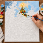 Complete Star Above the Snowy Tree numbered canvas being painted with acrylic paints and brushes