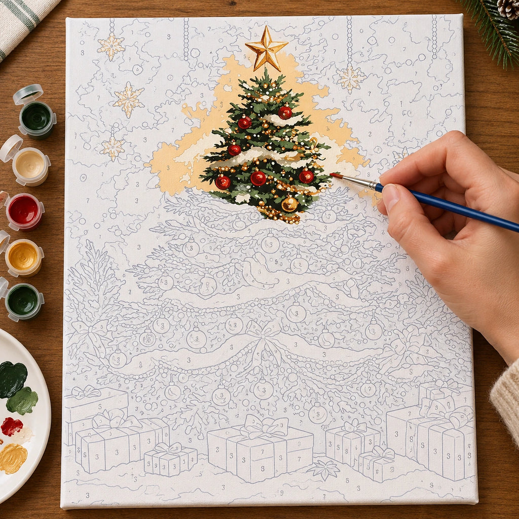 Complete Star Topped Christmas Glow Tree numbered canvas being painted with acrylic paints and brushes