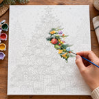 Complete Star Topped Christmas Village numbered canvas being painted with acrylic paints and brushes