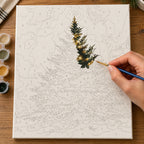 Complete Star Topped Woodland Christmas Tree numbered canvas being painted with acrylic paints and brushes