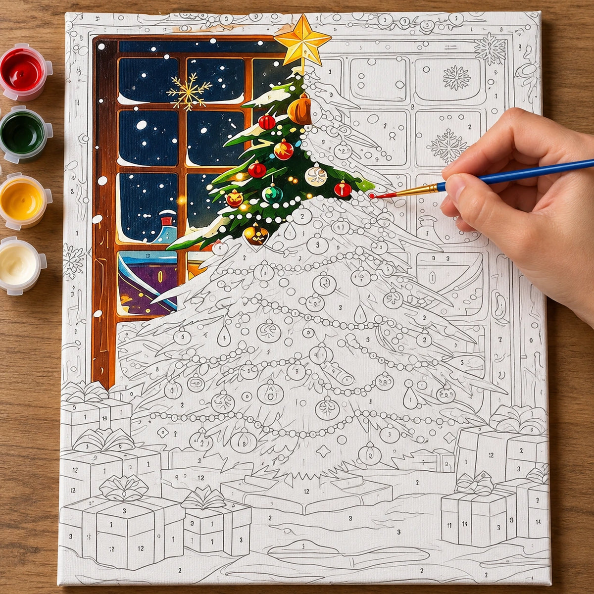 Complete Starbright Christmas Tree by the Window numbered canvas being painted with acrylic paints and brushes