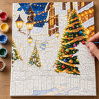 Complete Starlit Christmas Village numbered canvas being painted with acrylic paints and brushes