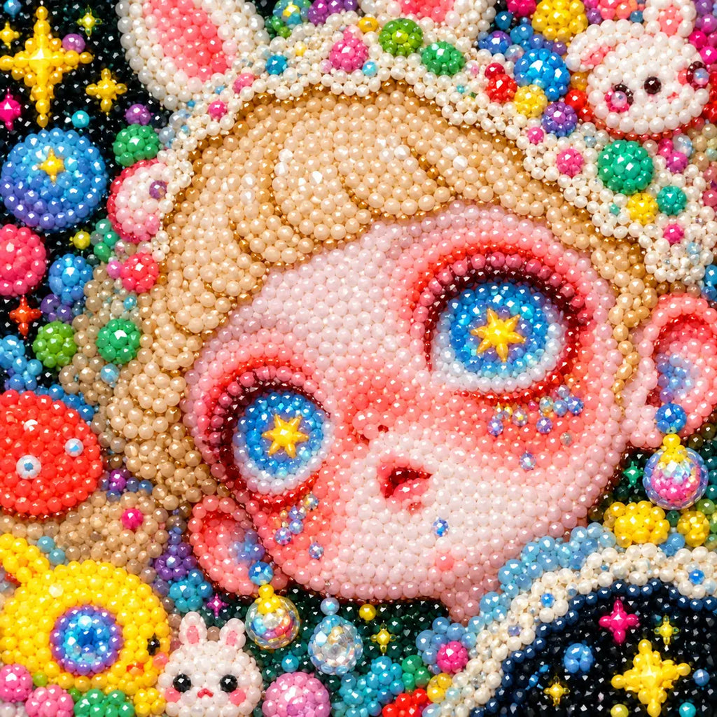 Close-up of sparkling drills in the starry bunny girl diamond painting design