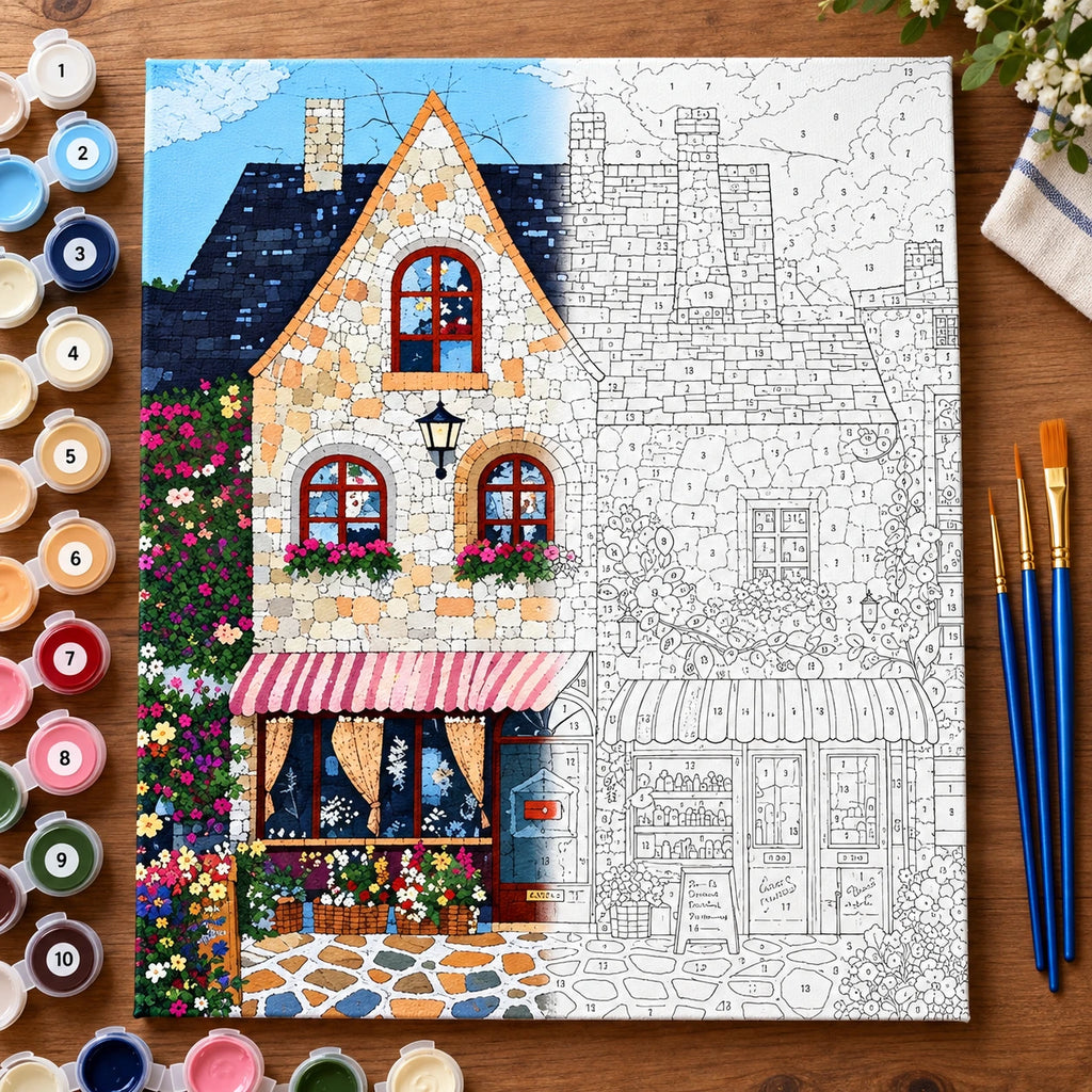 Stone Bakery Cafe Cottage numbered canvas being painted with acrylic paints and brushes
