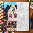 Stone Bakery Cafe Cottage numbered canvas being painted with acrylic paints and brushes