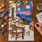 Complete Summer Solstice Lantern Garden Paint by Numbers Kit numbered canvas being painted with acrylic paints and brushes.