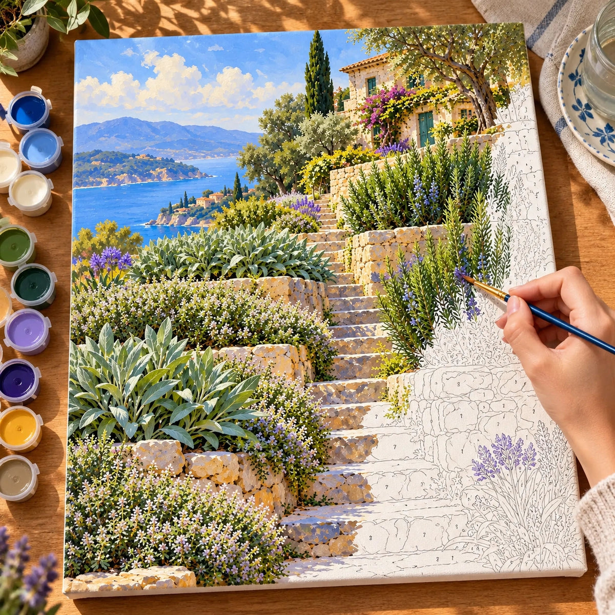 Complete Sunlit Herb Terraces numbered canvas being painted with acrylic paints and brushes