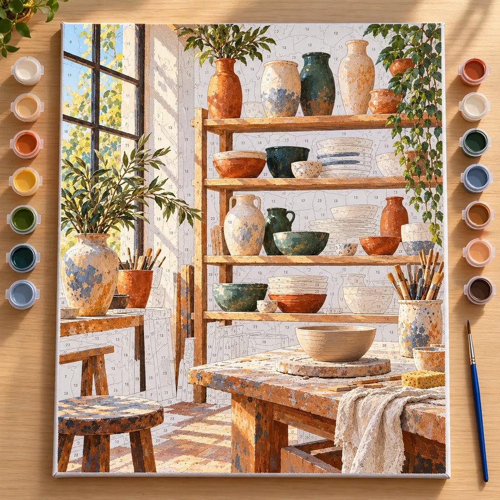 `04-sunlit-pottery-studio-ceramic-shelves-painting-process.webp` — Complete numbered pottery studio canvas in progress with visible edges, acrylic paints, and a brush.