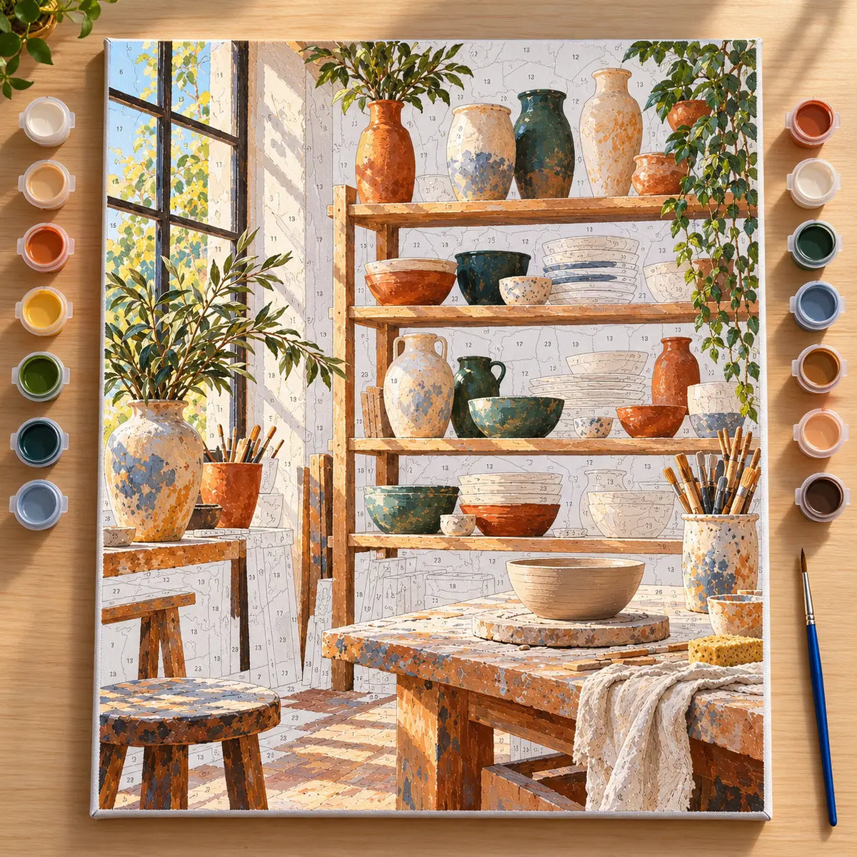 `04-sunlit-pottery-studio-ceramic-shelves-painting-process.webp` — Complete numbered pottery studio canvas in progress with visible edges, acrylic paints, and a brush.