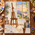 `04-sunrise-lakeside-artist-loft-easel-painting-process.webp` — Complete numbered artist loft canvas in progress with visible edges, palette, paints, and brushes.