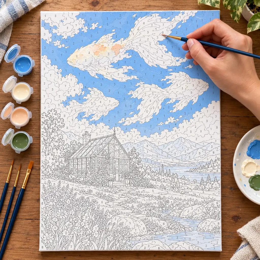 Painting process scene for the Surreal Greenhouse Fish Clouds kit, with the complete numbered canvas and painting tools.