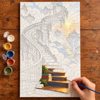 Painting process scene for the Surreal Library Floating Stairs kit, with the complete numbered canvas and painting tools.