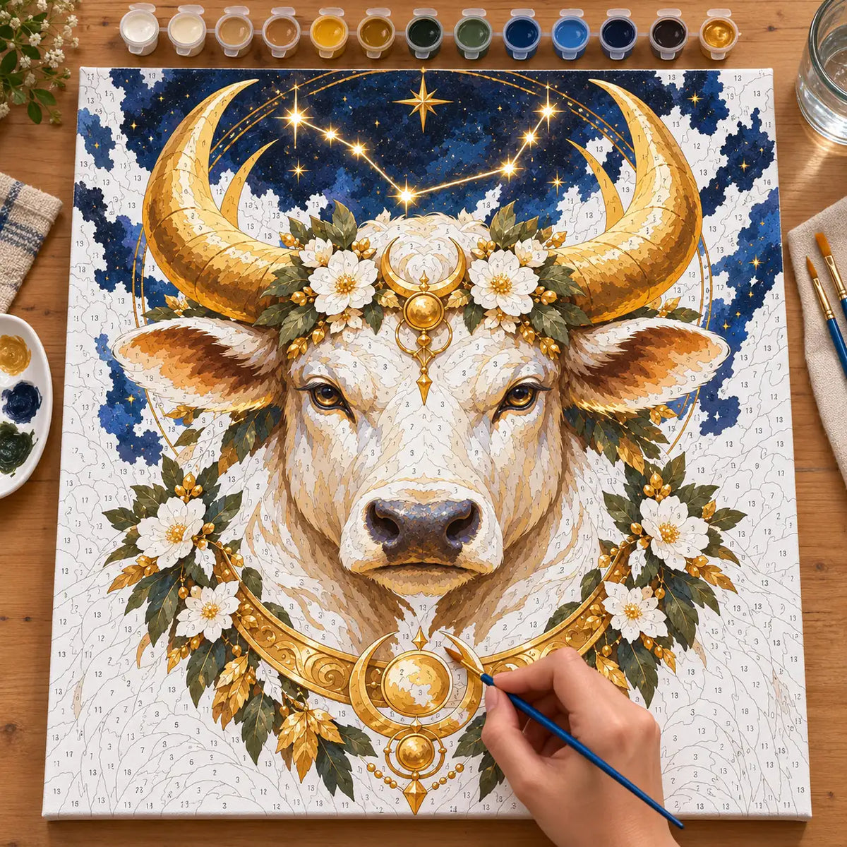 Painting process scene for the Taurus Bull Pear Blossoms kit, with the complete numbered canvas and painting tools.