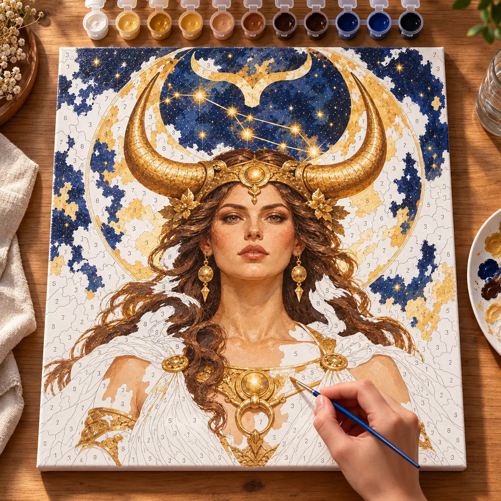 Partially painted Taurus moon goddess paint by numbers canvas with numbered zones, gold horns, a starry sky, brushes, and paint pots.