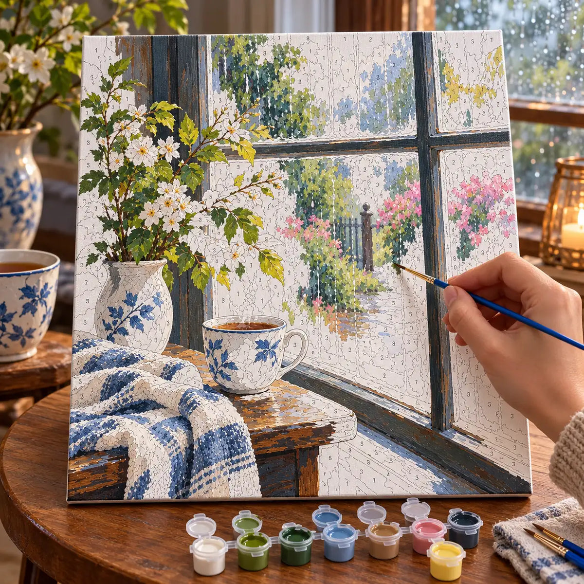`04-tea-room-window-rain-painting-process.webp` — Painting process scene for the Tea Room Window Rain kit, with the complete numbered canvas and painting tools.