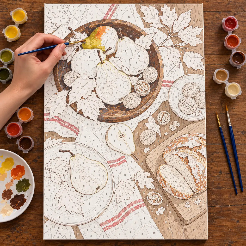 Complete Thanksgiving Pear Walnut Table Paint by Numbers Kit numbered canvas being painted with acrylic paints and brushes.