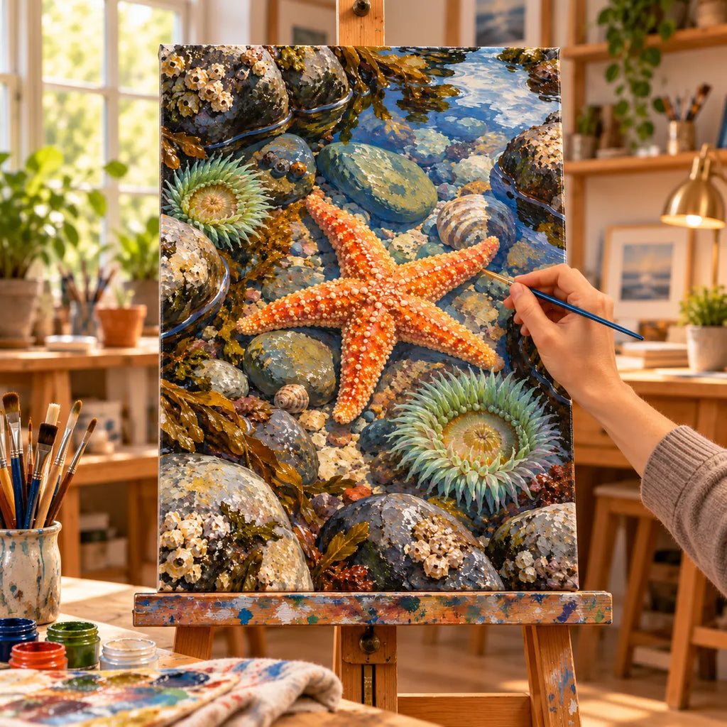 Painting process example for the tidal pool starfish anemone paint by numbers design.