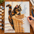 Painting process for Tortoiseshell Cat in a Woven Basket paint by numbers kit