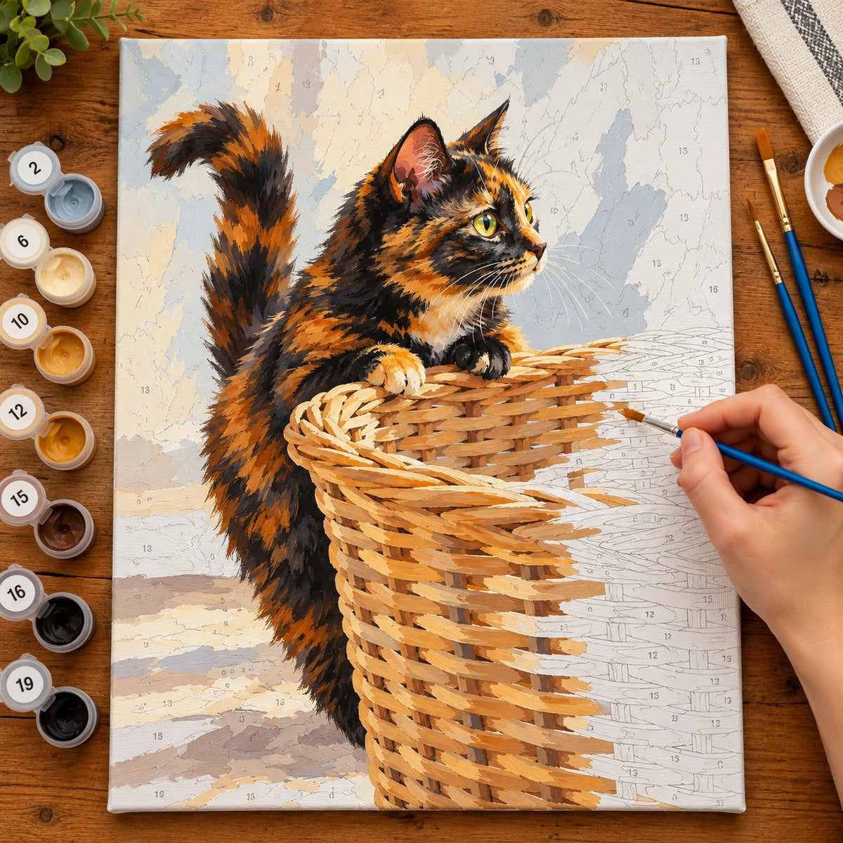 Painting process for Tortoiseshell Cat in a Woven Basket paint by numbers kit