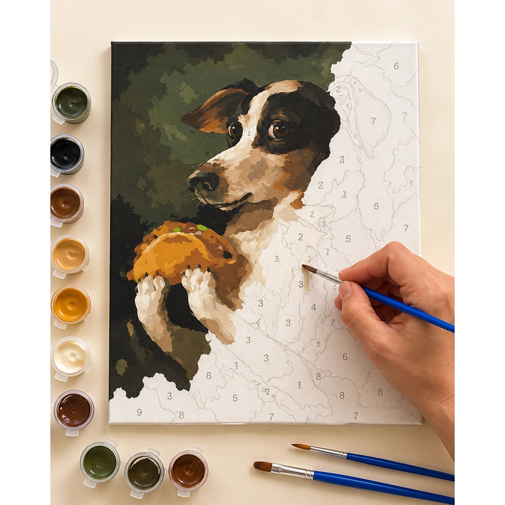 Complete Tricolor Puppy Holding a Hamburger numbered canvas being painted with acrylic paints and brushes.