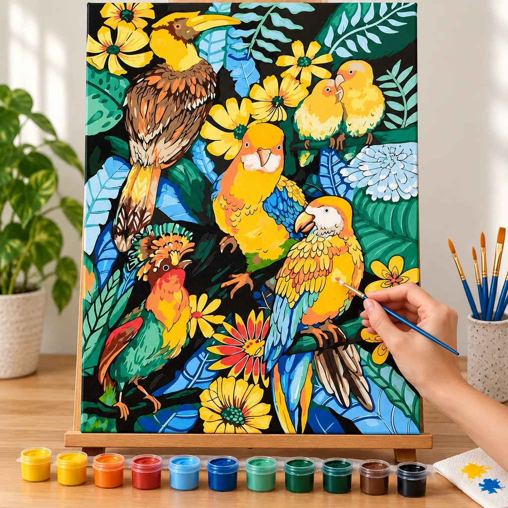 Complete Tropical Toucans Jungle Flowers numbered canvas being painted with acrylic paints and brushes