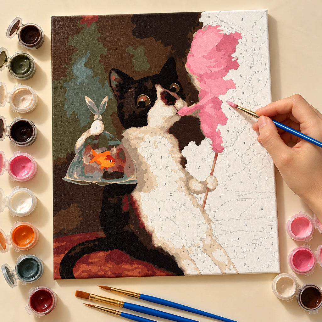 Complete Tuxedo Cat with Cotton Candy and Goldfish numbered canvas being painted with acrylic paints and brushes.